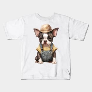 Farmer Boston Terrier Dog Kids T-Shirt